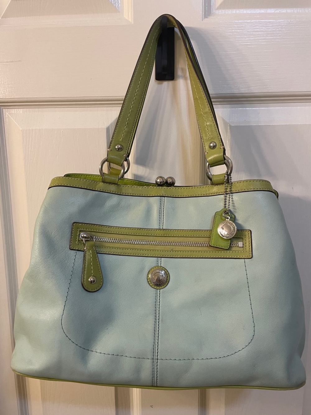 Vintage Coach Laura Light Blue and Green Leather Kisslock Vintage Tote Y2K